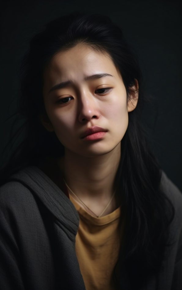 Wanita kelihatan letih dan murung dengan ekspresi wajah penat dalam pencahayaan gelap